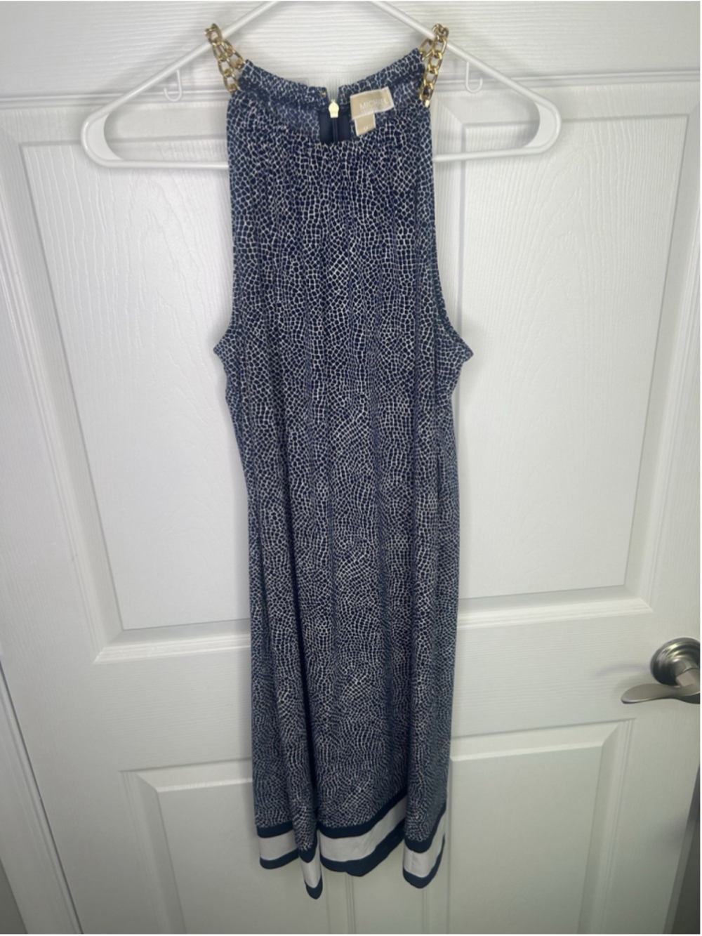 Michael Kors Women's Navy Halter Gold Chain Neckline Stretch Shift Dress Sz M
